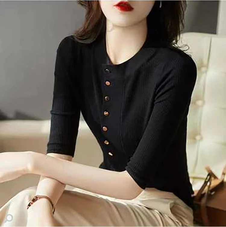 Temperament ice silk knit shirt short sleeve women summer new versatile half sleeve T-shirt slim middle sleeve cotton thread top