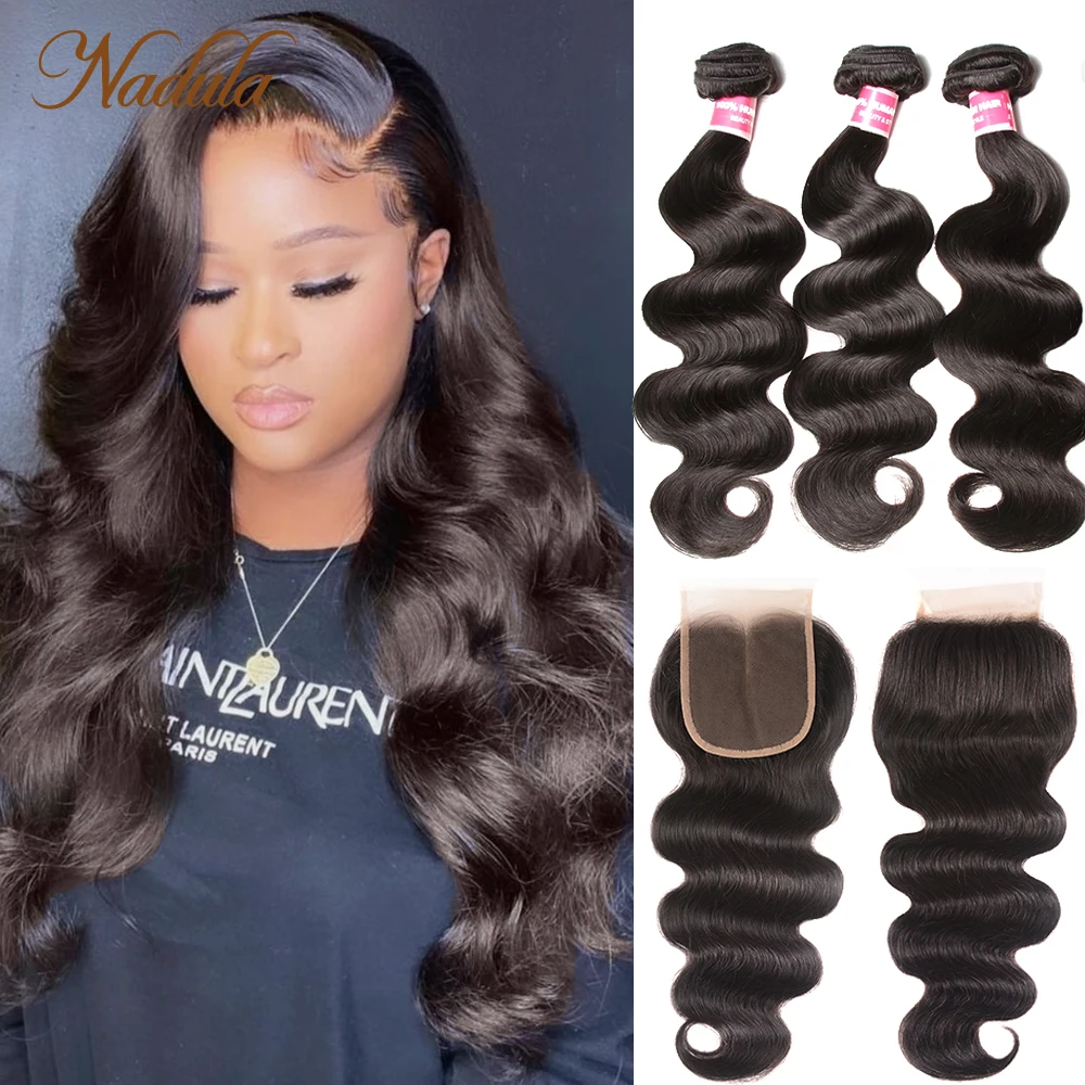 Nadula Body Wave Bundels Met 4*4 Gratis Deel/Middelste Deel/Drie Deel Vetersluiting Indian Haar remy Haar Bundels Met Sluiting