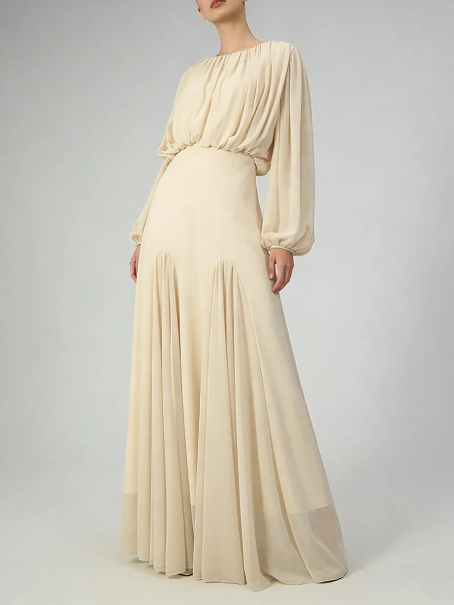 TWOTWINSTYLE Solid Spliced Plooien Minimalistische Jurken voor Vrouwen Ronde Hals Lange Mouwen Hoge Taille Elegante Jurk Vrouwelijke Herfst Nieuwe - afbeelding 2