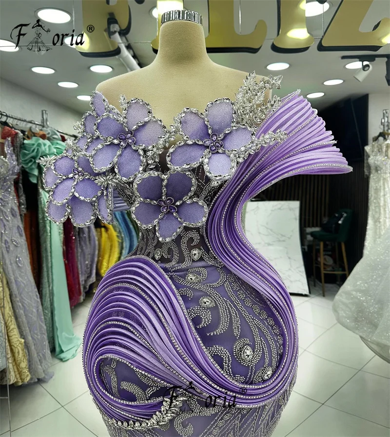 3d Bloemen Ruches Paarse Formele Gelegenheid Jurk Luxe Zilveren Kristal Kant Mermai Avondjurken 2024 Vestido De Noche Elegante