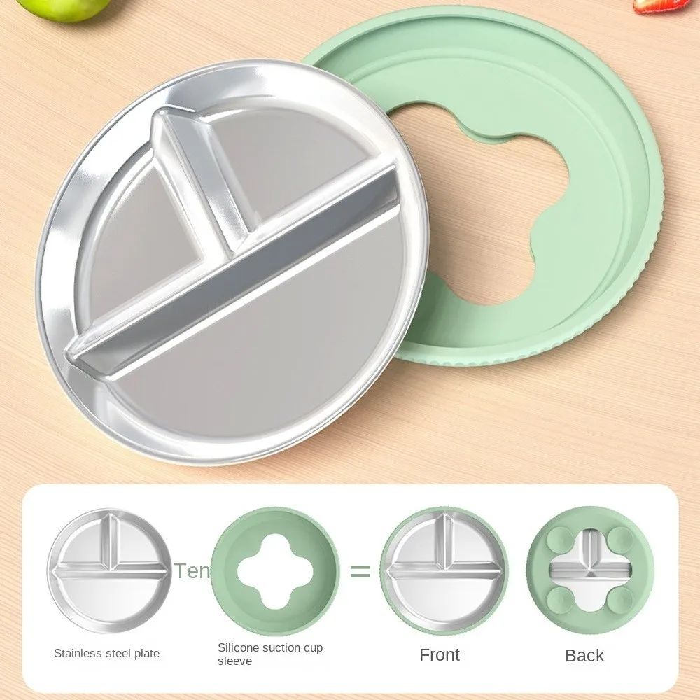 

Divided Design Silicone Suction Cup Plates Detachable 304 Stainless Steel Children 3 Grids Dishes Heat-Resistant BPA Free