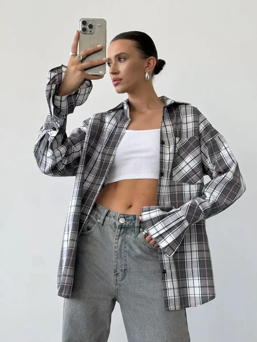 Street Style Gingham Shirts Spring 2024 Women Flare Sleeves Oversize Plaid Blouses And Tops Ladies Pocket Loose Fall