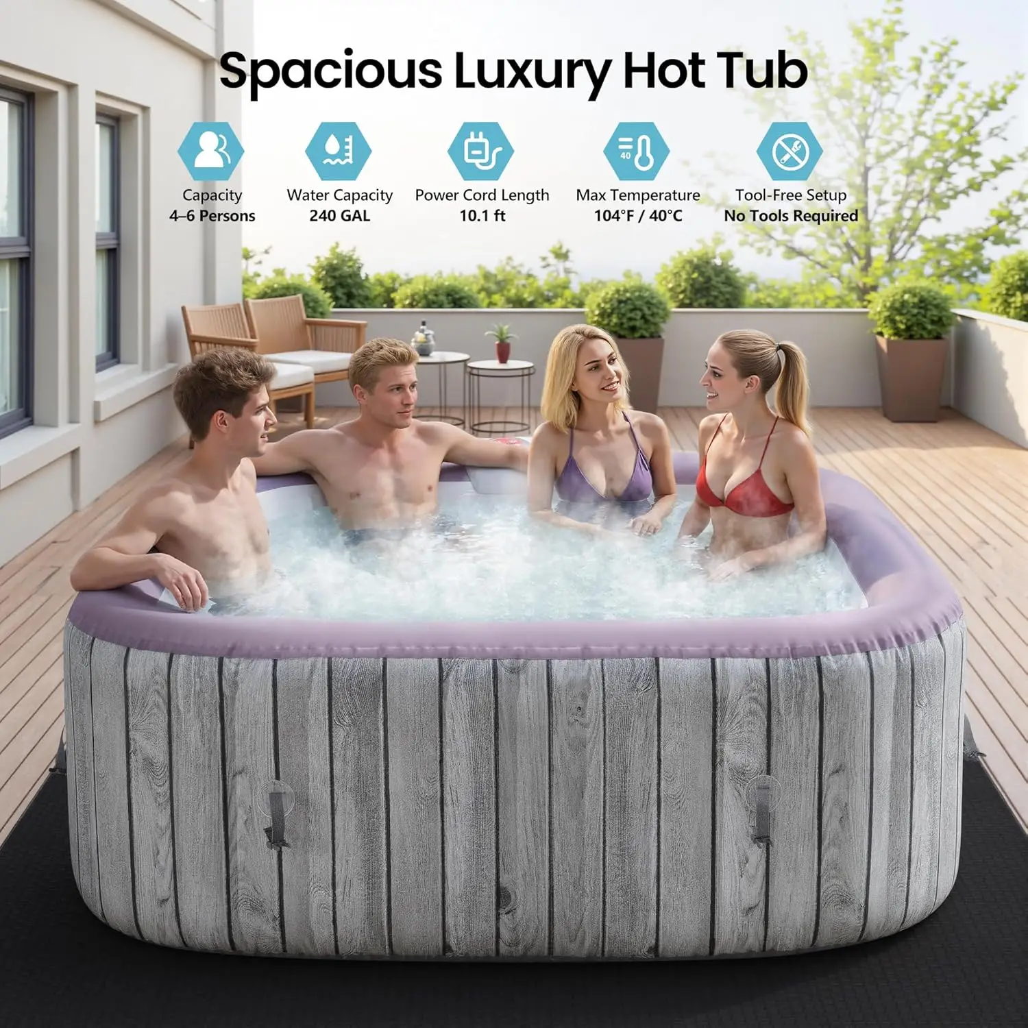 4-6 Person Inflatable Hot Tub, Portable Outdoor Spa with 130 Air Jets, Circulation Heating & Filter System, PVC, Customized