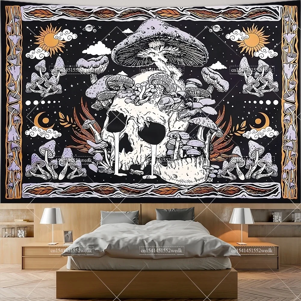 Tapisserie Murale Crâne Serpent Papillon Lune - Décoration Gothique Noire Et Blanche Chambre Esthétique