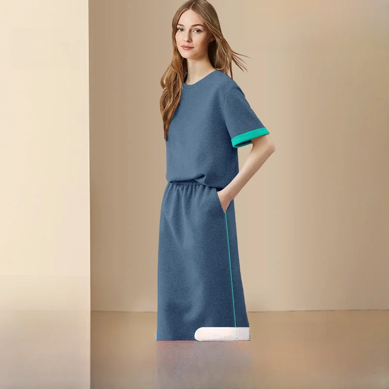 Conjunto Casual de Moda Diffie Rieger para Mujer, Verano 2026, Camiseta de Manga Corta y Falda a Media Pierna, Traje de Dos Piezas Adelgazante, Poliéster y Nailon