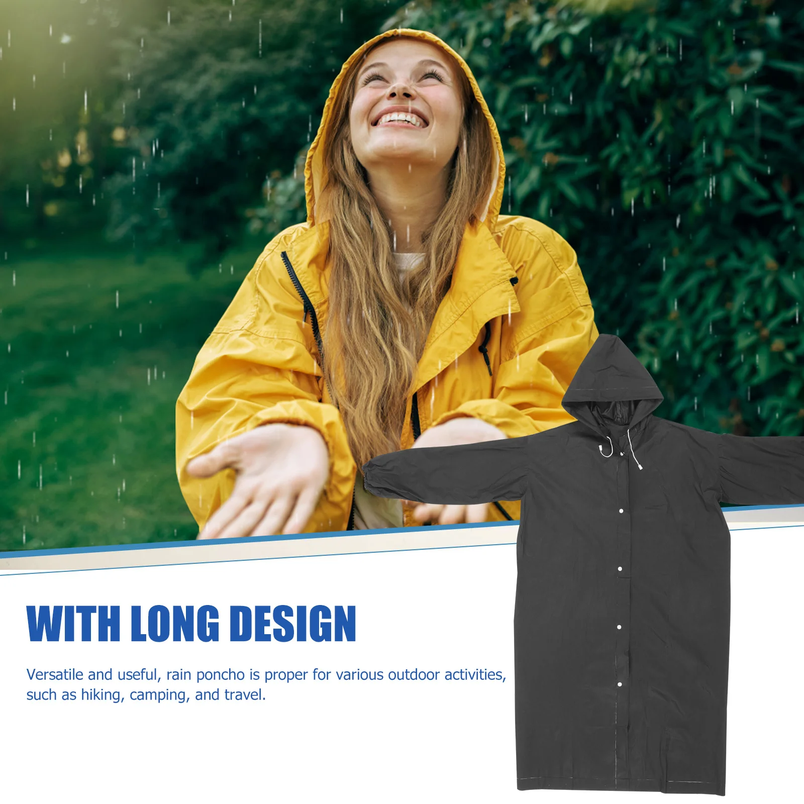

Long Raincoat For Adult Reusable Eva Hooded Poncho Waterproof Outdoor Hiking Camping Travel Rainwear Black