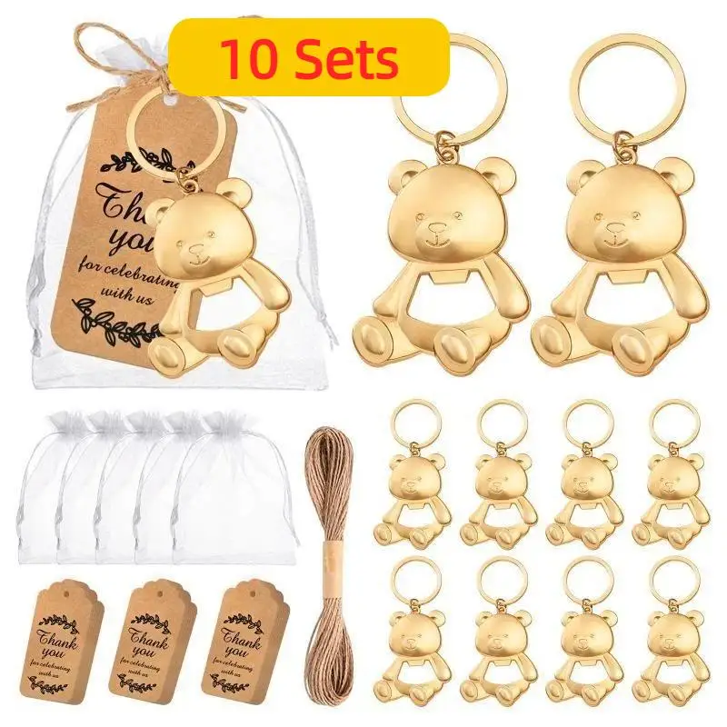 10Sets Golden Bear Keychain Bottle Opener Gift , Suitable for Birthday Parties,  Halloween, Christmas, and Party Gift Sets