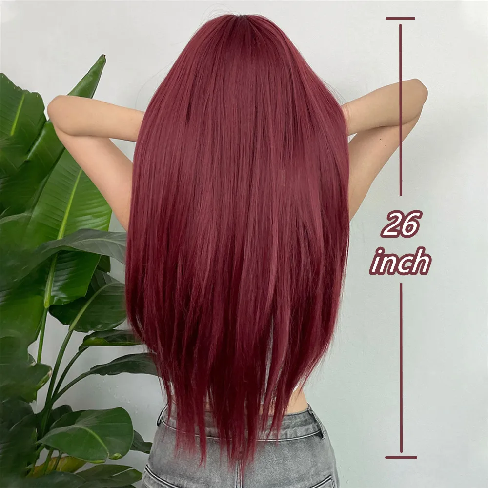 ALAN EATON Long Wine Red Hair Natural Straight Wigs with Bangs Burgundy Daily Party Synthetic Wig for Women Heat Resistant Fiber