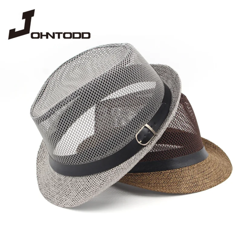 2021 Fashion Summer Unisex Jazz Paper Straw Hat Short Brim Mesh Fedora Hat with Belt Buckle Party Beach Cap Men Women Sun Hat