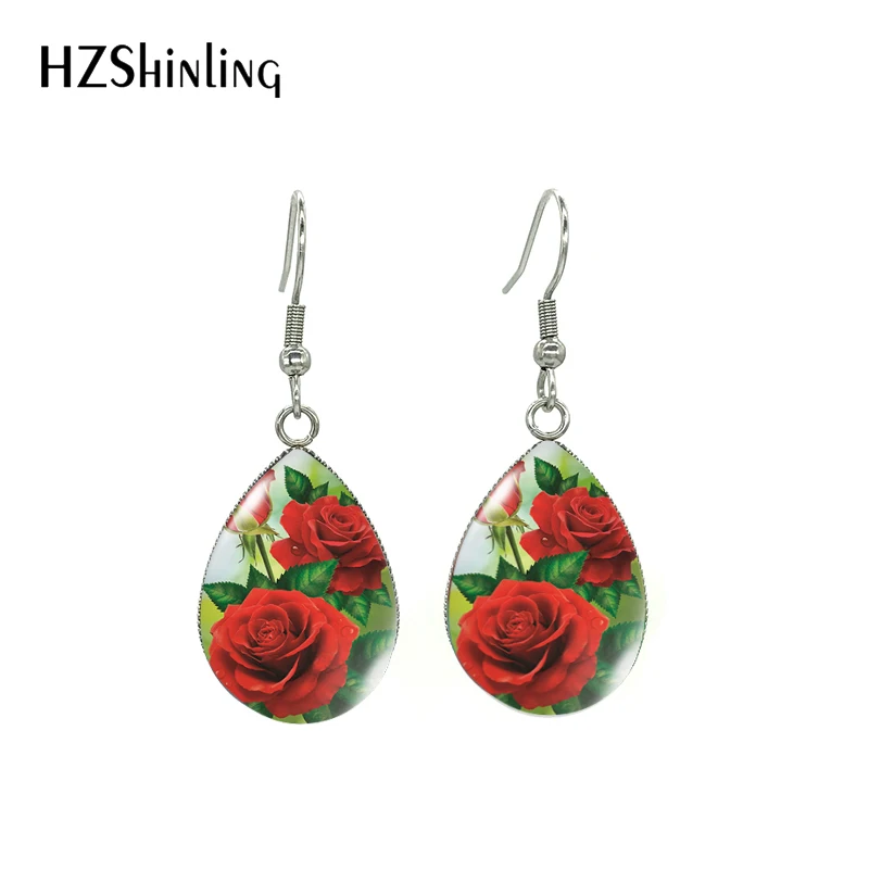 New Flowers Poppies Tulip Rose Lily Sunflower Oil Paintings Handmade Tear Drop Fish Hook Earrings