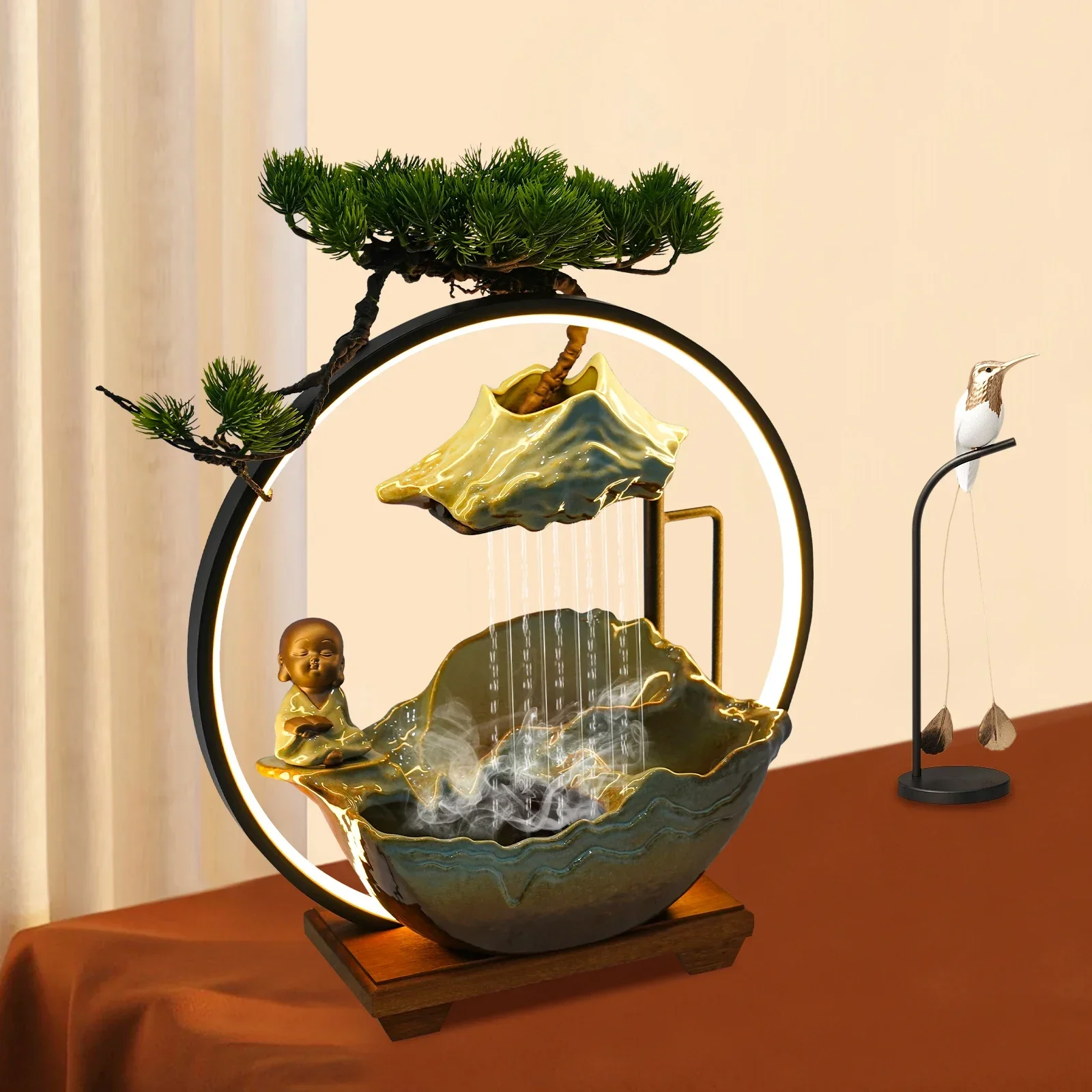 

BYMAOCAR Ceramic Buddha Water Fountains, With LED Light for Feng Shui Wealth Boom W/ Mist for Meditation for Indoor Decor NEW