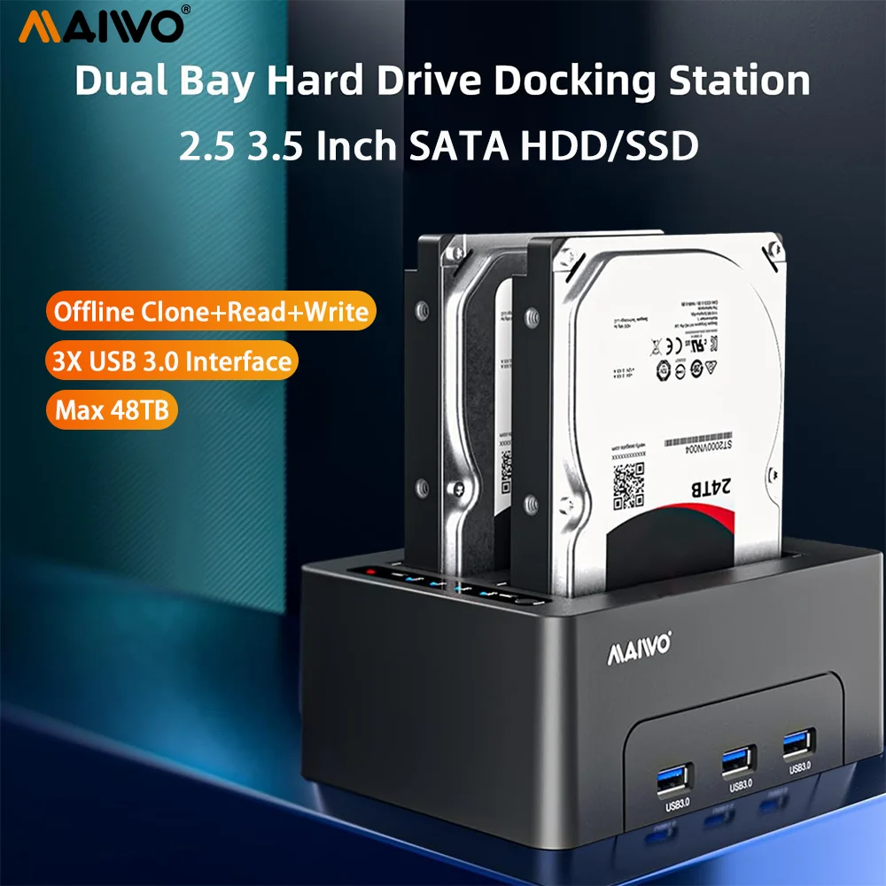 

Док-станция MAIWO для двух дисков SATA HDD/SSD 2,5/3,5 дюйма с 3 портами USB 3.0, поддержка SSD до 48 ТБ, функция клонирования без подключения к сети