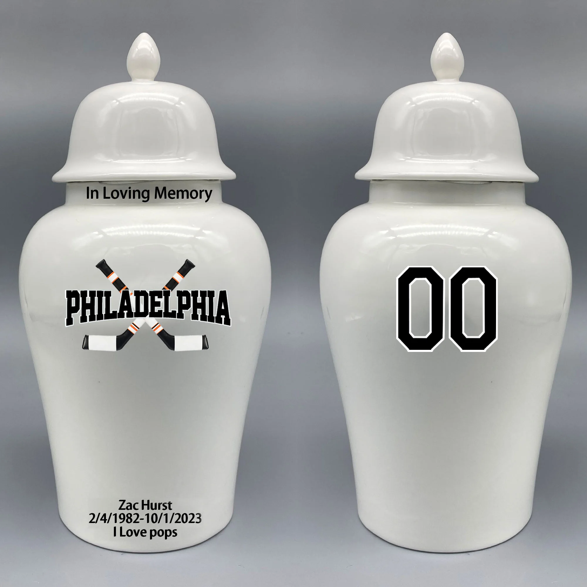 Large Urn for Philadelphia Flyers-themed Hockey Urn.Please send me the customize information-name/date and number on the urn