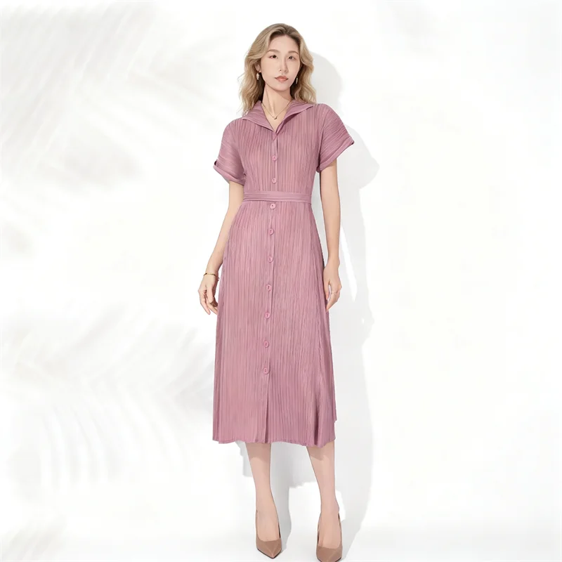 Miyake Summer New Fashion Elegant Lapel Pleated Women's Dress Slim Fit Single Breasted Tie Waist Over-the-Knee Dresses