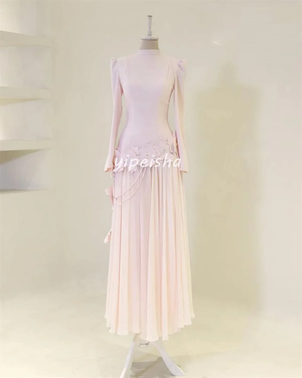 Customized Intricate Retro Jersey Rhinestone Handmade Flower Pleat Ruched A-line High Collar Long Dresses Evening Dresses Casual image 6