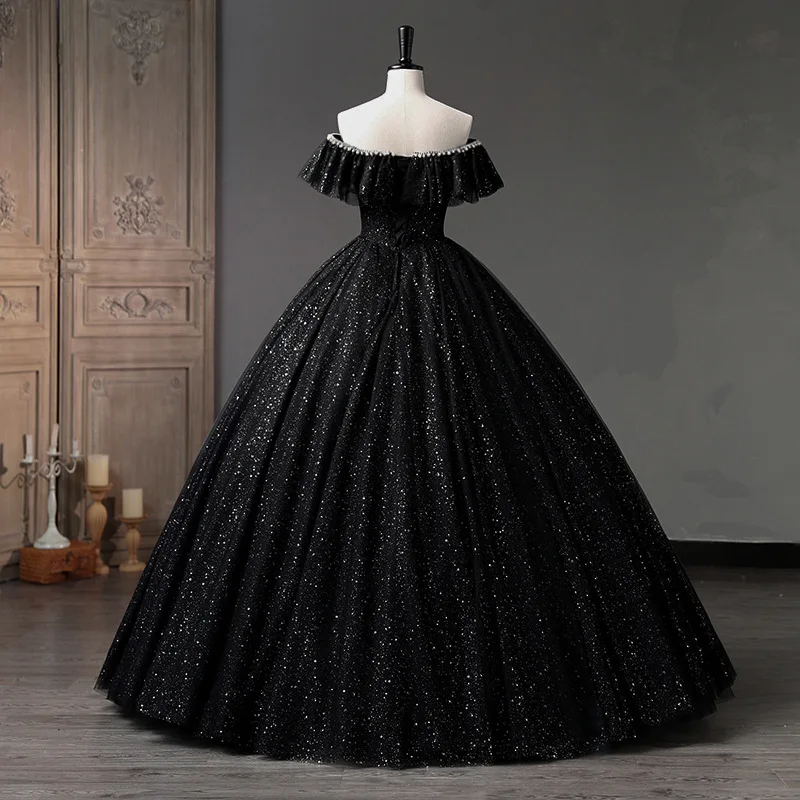 Black Ball Gown Simple Luxury Bling Shiny Quinceanera Dresses Classic Off The Shoulder Long Puffy Dress For Prom Customized