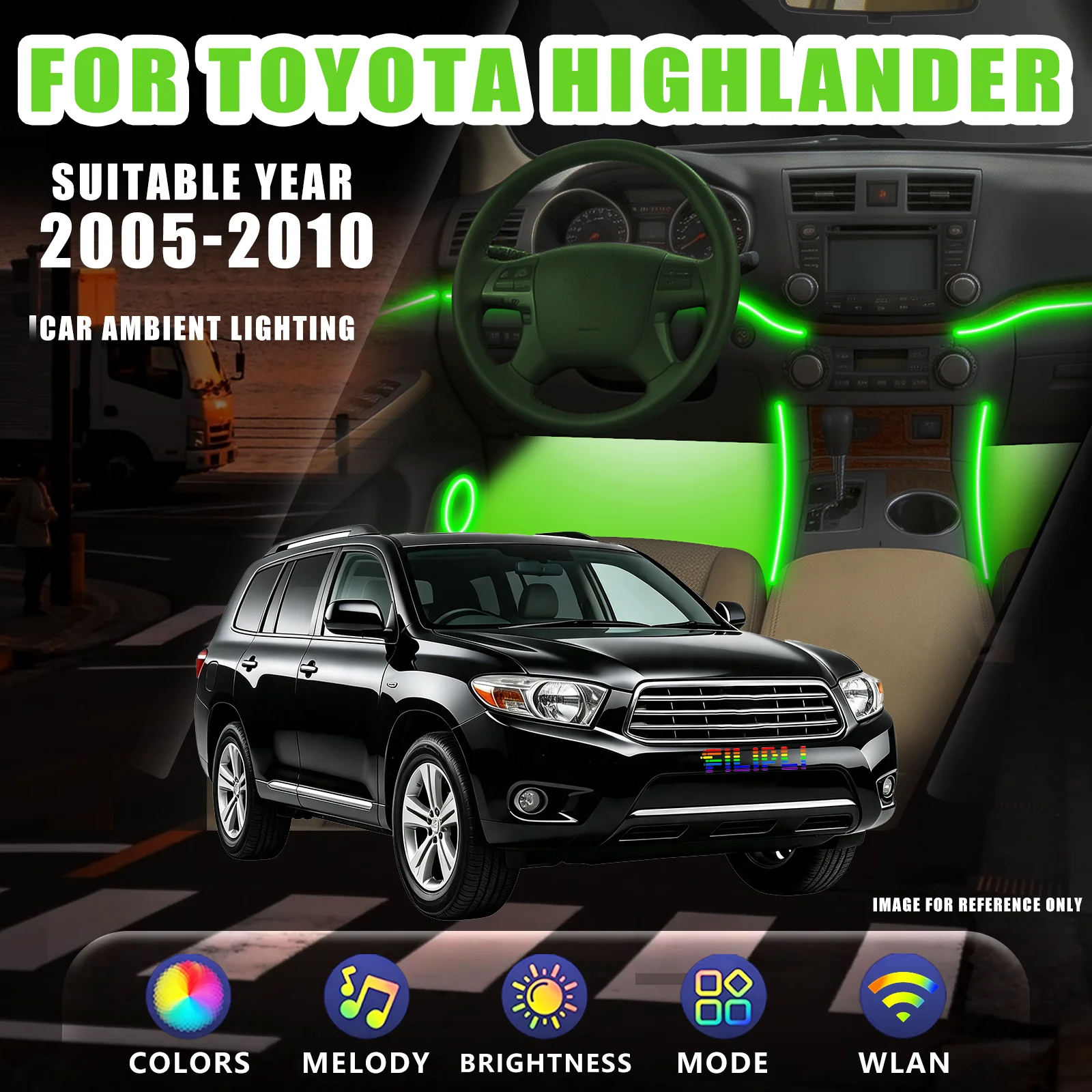 FOR TOYOTA Highlander 2005-2010 YEAR RGB 18 Lights car ambient light kit multi theme atmosphere preset soft diffuse anti glare overheat protection full cabin unified dimming decorative kit