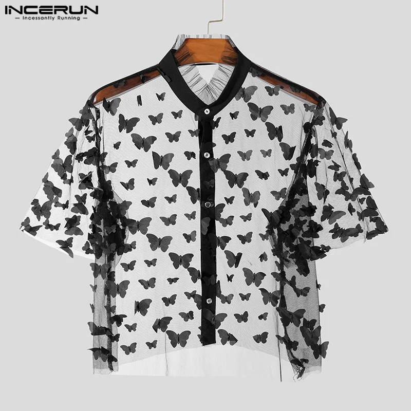 Fashion Party Shows Style Tops INCERUN 2024 Men Personality Print Shirt Sexy Casual Male Thin Cropped Short Sleeved Blouse S-5XL