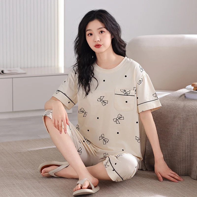 2024 Summer 100% Cotton Print Short Sleeve Knee Length Pajama Sets for Women Korean Loose Sleepwear Pyjama Homewear Home Clothes