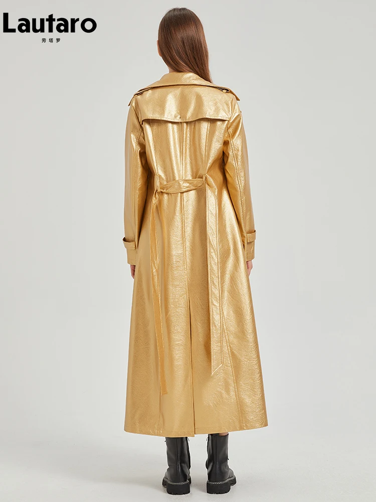 Lautaro-trench coat de couro PU extra longo dourado para mulheres, trespassado duplo, faixas, moda luxo na Europa, primavera e outono, 2024