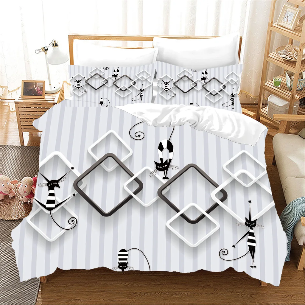 3D Abstract Geometric Relief Cute Black Cat 3pcs Polyester Bedding Sets Single Double Bed Duvet Cover Set and 2pcs Pillow cover