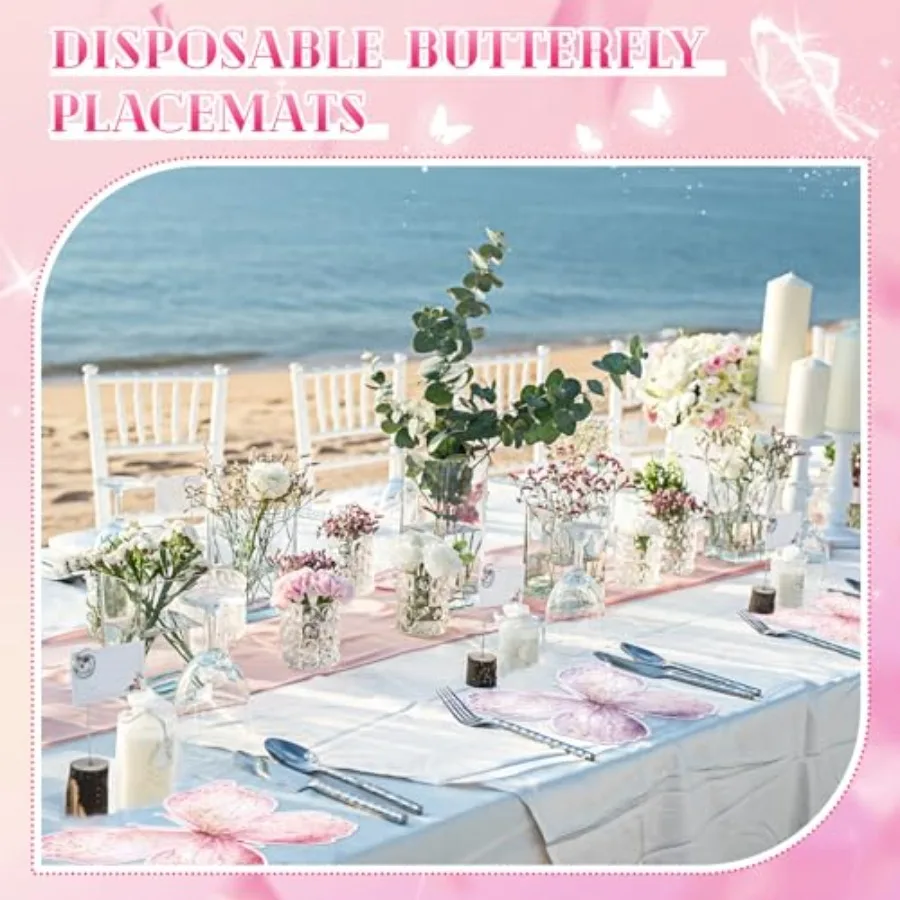 50 حزمة من مفارش الفراشة الورقية للاستعمال مرة واحدة، مفارش طاولة على شكل فراشة باللون الوردي والأرجواني لحفلات استقبال المولود الجديد وحفلات الزفاف #5