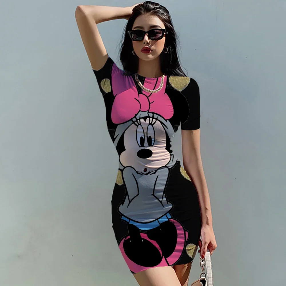 Disney Minnie Mickey Mouse Women\'s Summer Mini Party Dress 2022 Slim Hip Sexy Tight Y2K Short Sleeve Round neck Dresses Clothes