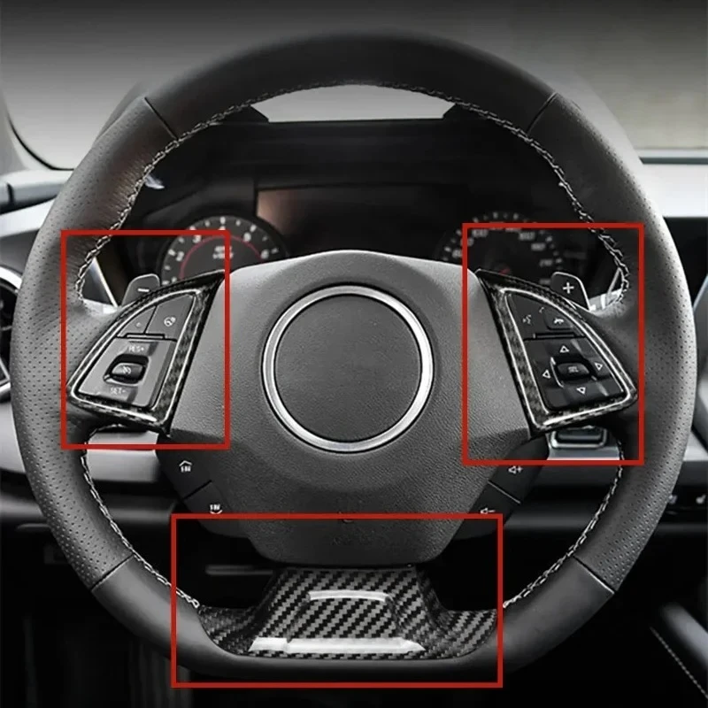 لشروليه كامارو ريال ألياف الكربون الجافة 16-2024 والعتاد عجلة القيادة مقبض مفتاح التشغيل ملصق غطاء أزرار تعديل إطار الكسوة #2