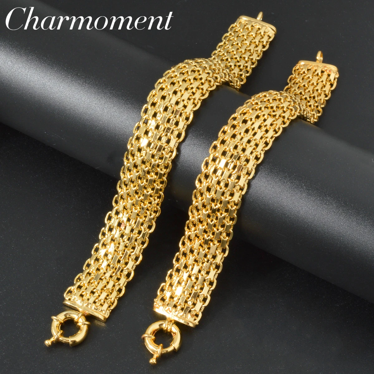 

1.8cm Wide Chain Bracelet For Men Women Punk Gold Color Mesh Weaving Rolo Cable Curb Link Catenary Chain Valentines Day Gift