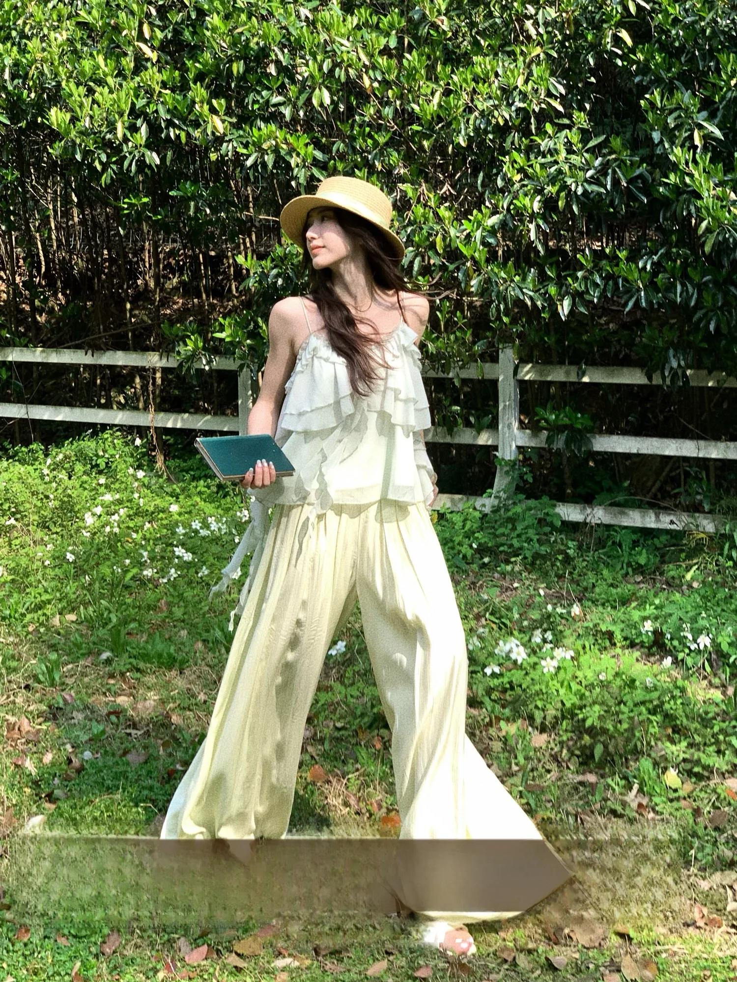 

High Waist Drapey Casual Pants Women's Versatile Wide Leg Pants Long Summer Loose Fit Straight Cut Polyester Fiber Elastic Waist