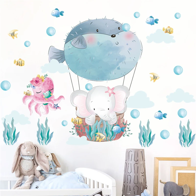 Cartoon Elephant Fish Balloon Bubble Wall Stickers For Kids Room Bathroom Decor Animal Mural Art Diy Home Decal Pvc Poster