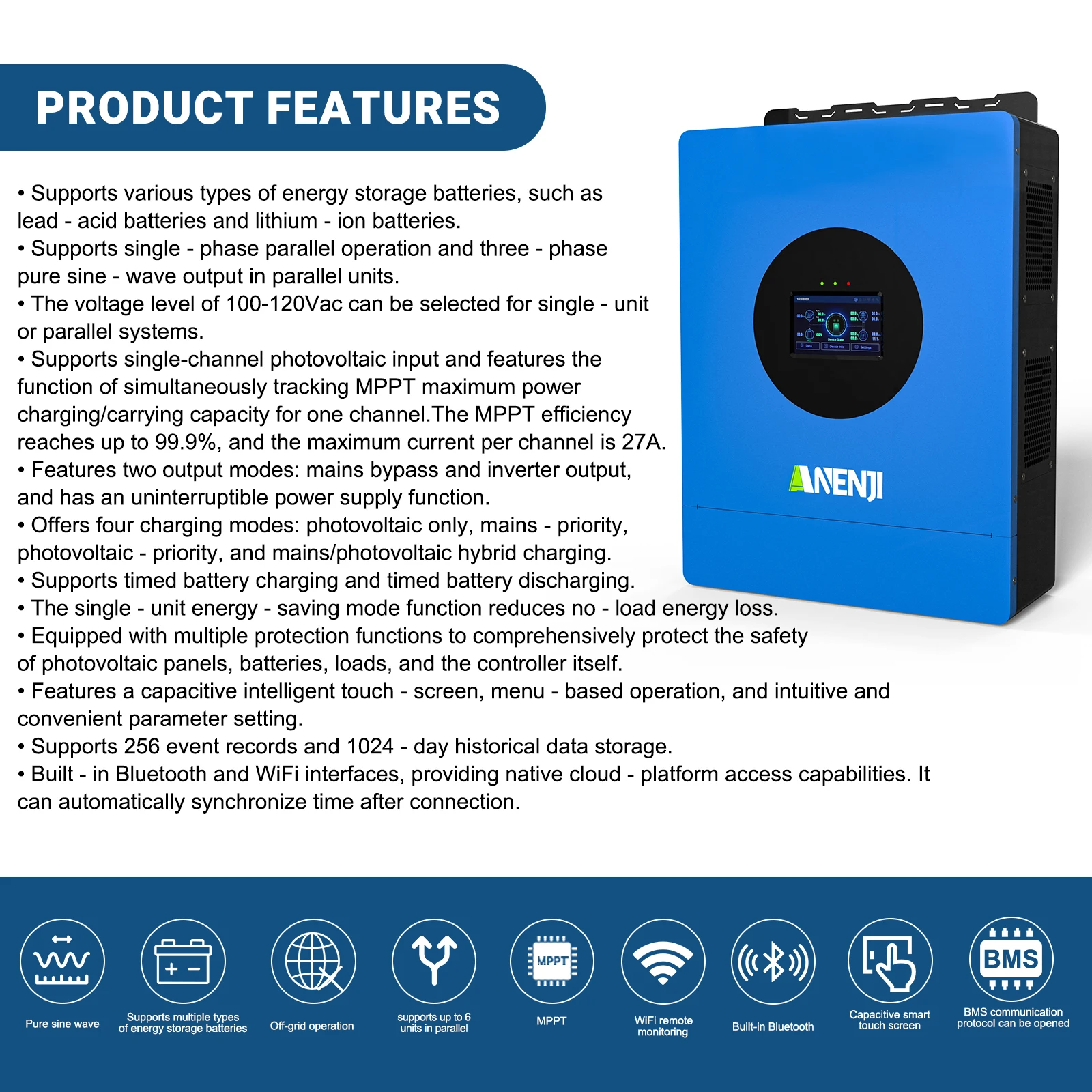 6KW 3KW 110V Hybrid Solar Inverter Off-Grid MPPT 80A 120A Pure Sine Wave Solar controller 120V Max PV 500VDC with WiFi Bluetooth