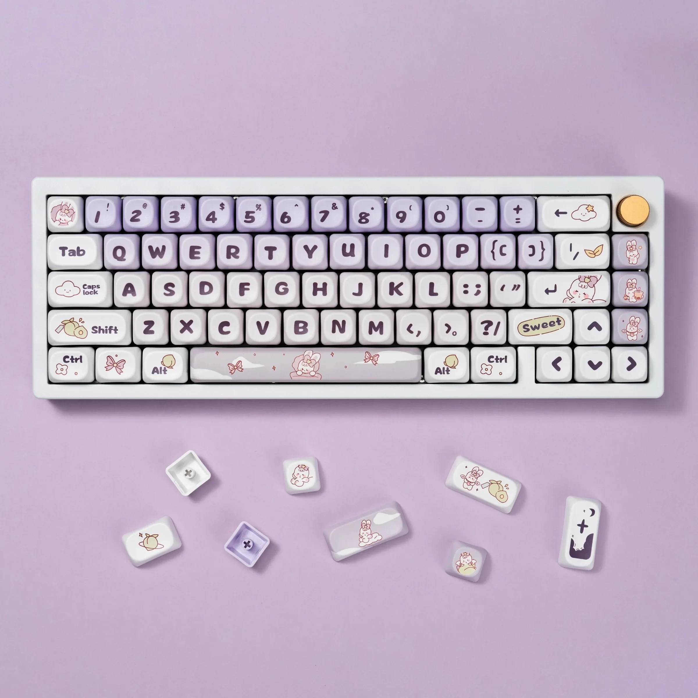 

Gradual change purple rabbit keycaps MOA highly cute cartoon small warping sublimation mechanical keyboard keycaps