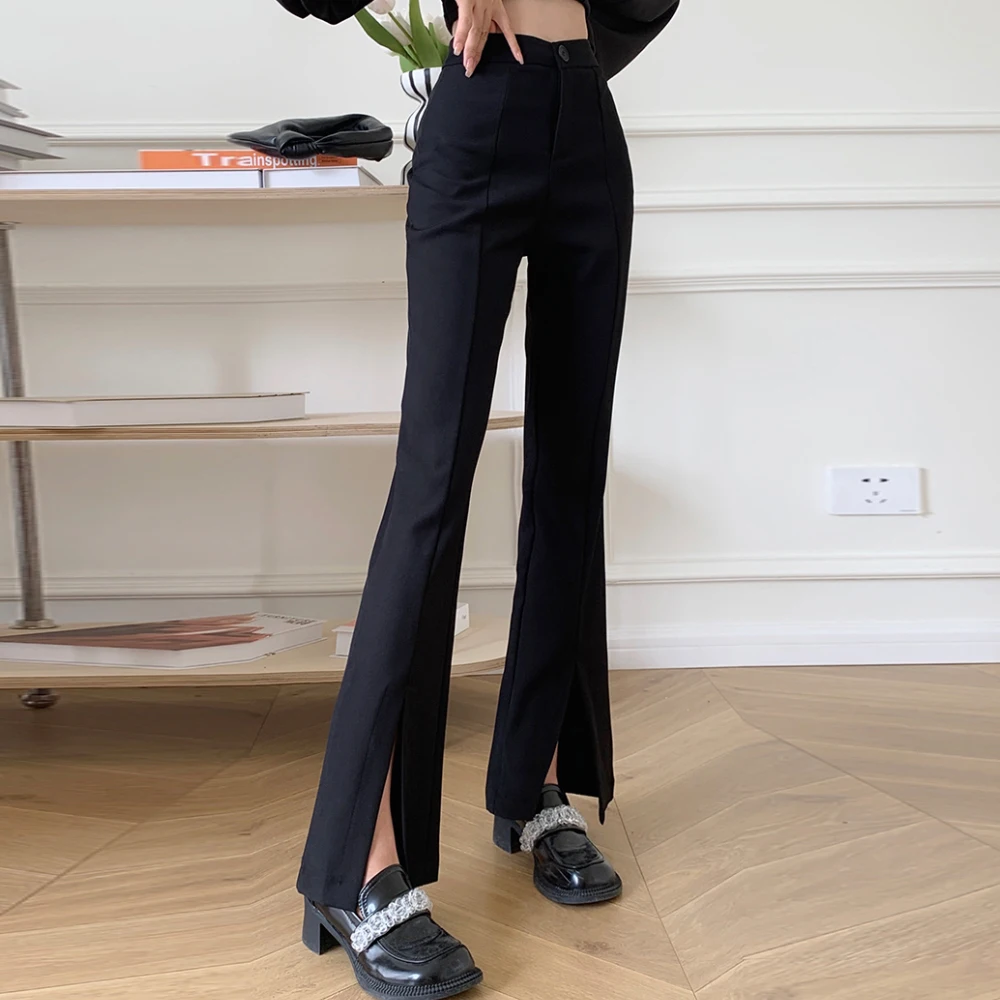 Fashion Office Wear High Waist Pants for Women Formal Suit Pants Office Lady Flare Trousers Black Split Casual Bodycon Pants