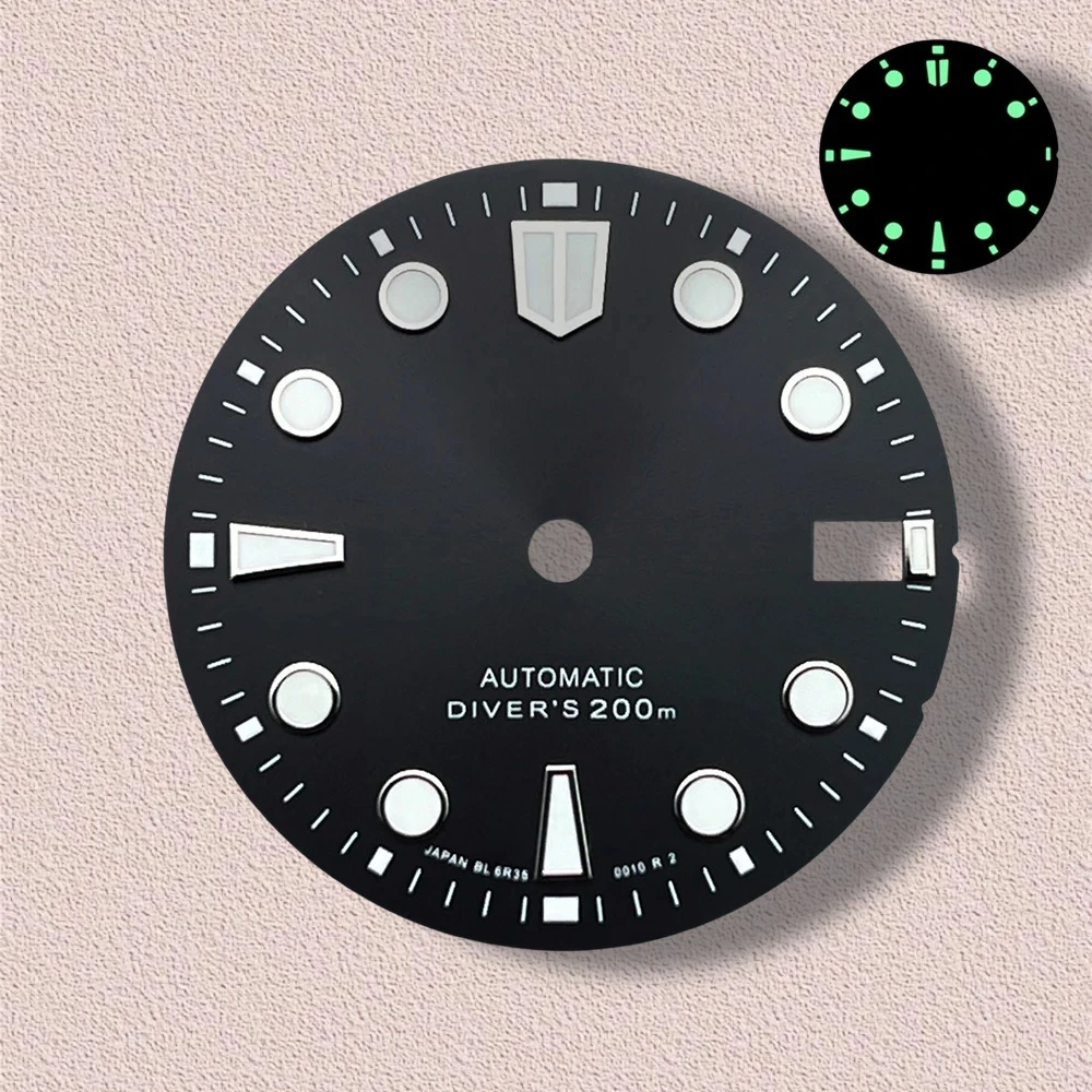 28.5mm logotipo s nh35 sunray dial adequado para movimento nh35/nh36/4r/7s de alta qualidade nh35 modificado acessórios c3 verde luminoso