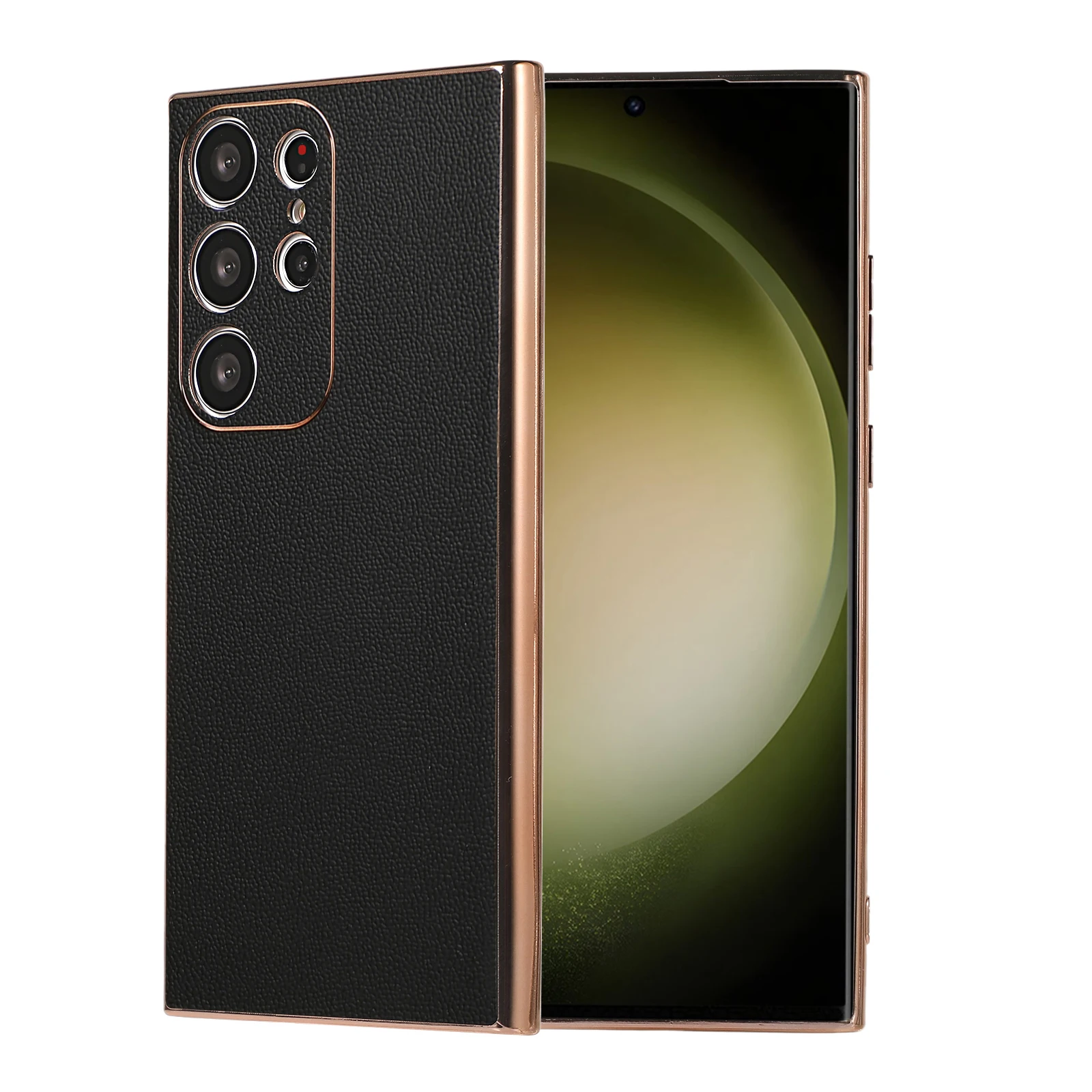 Retro Genuine Cowhide Leather Phone Case for Samsung Galaxy S23 Ultra Business Litchi Pattern Glossy Frame Armor Back Cover