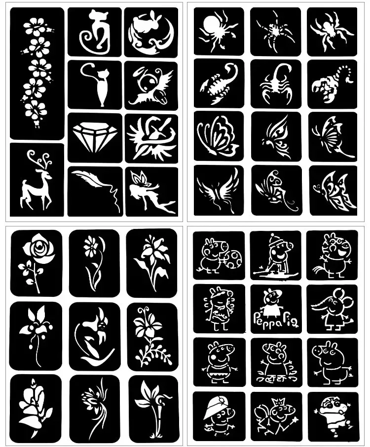 Sdotter 169Pcs Airbrush Glitter Tattoo Templates Women Kids Drawing Template Henna Tattoo Stencil Flower Butterfly Cartoon Stenc