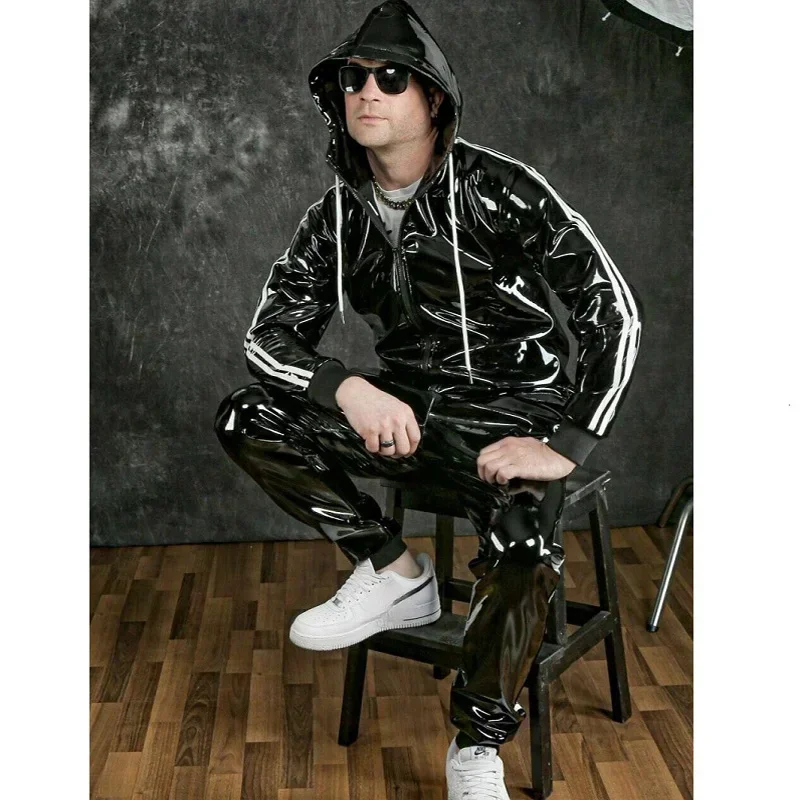 New Men\'s Hooded Suit PU Leather Casual Sports Bright Leather Top Plus Pants Jogging Suit