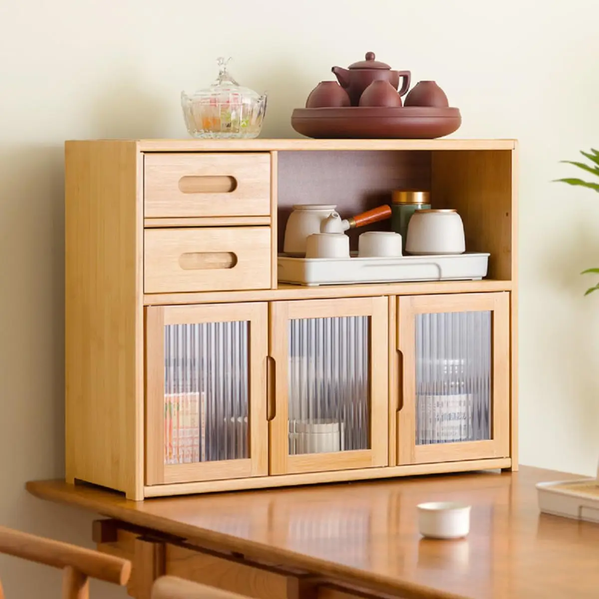 

Gdrasuya10 Bamboo Countertop Shelf Storage Cabinet Kitchen Pantry, Medium Kitchen Pantry Sideboard with 2 Drawers Freestanding K