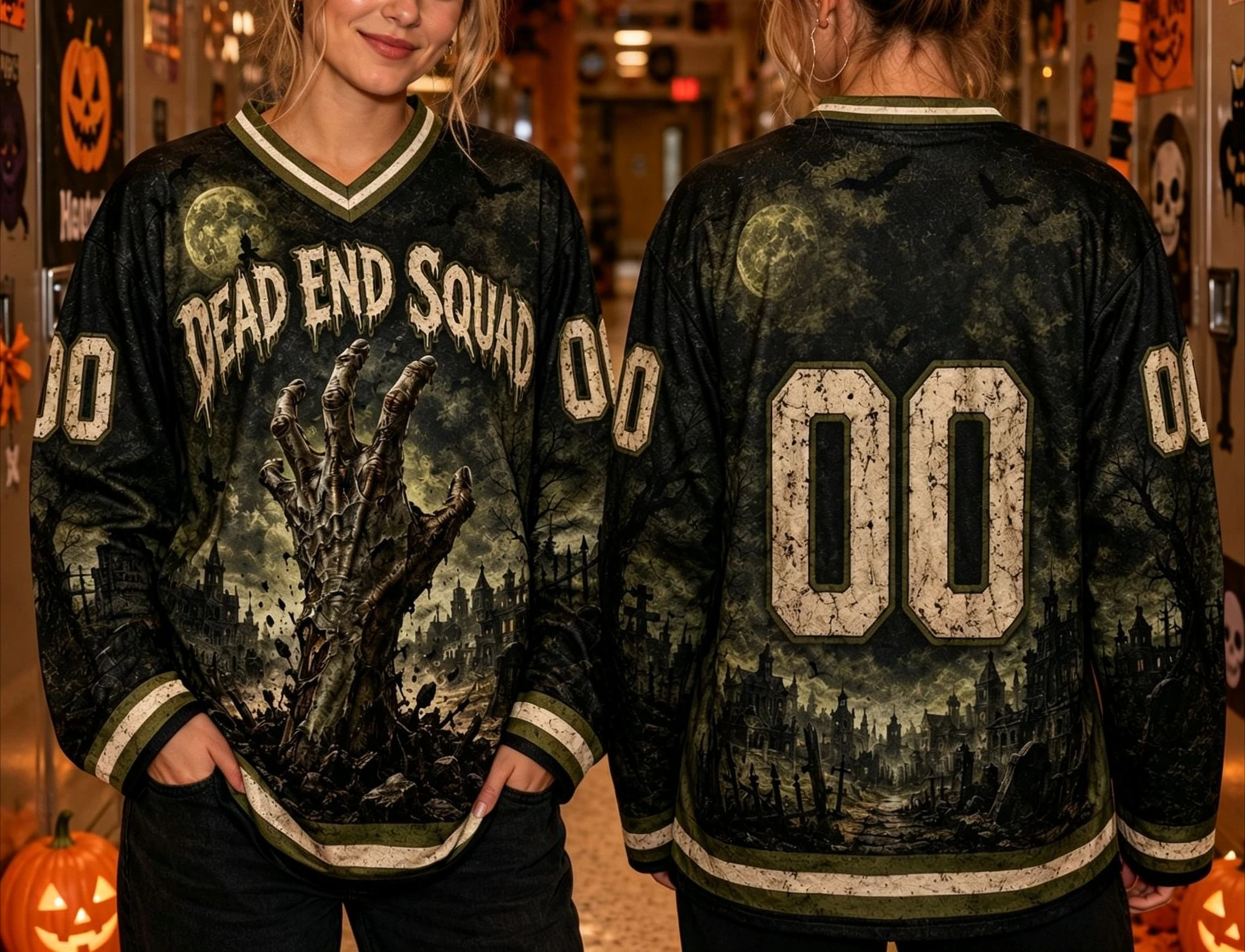 Halloween Gothic Zombie Hand Print Hockey Jersey Vintage V‑Neck Long Sleeve Sweatshirt Halloween Party Top Family Matching