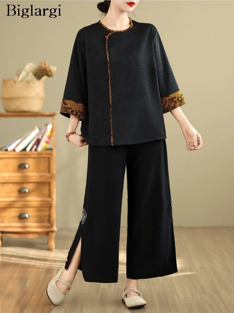 

Oversized Spring 2 Two Piece Set Women Print Patchwork Casual Ladies Blouses Split Flower Embroidery Fashion Woman Wide Leg Pant