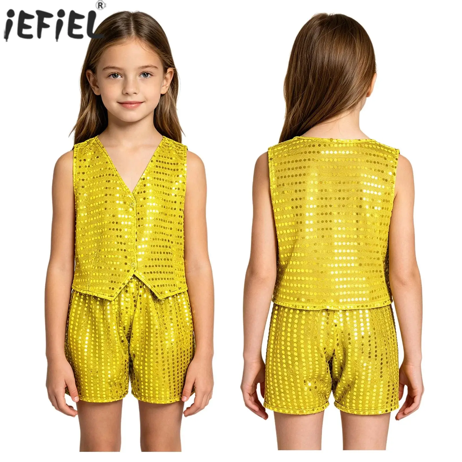 Kids Boys Girls Shiny Sequins Jazz Dance Street Hip Hop Outfit Sleeveless Metallic Vest with Shorts Stage Performance Costume