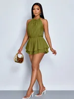 Elegant Ladies Solid Color Off-Shoulder Jumpsuit Short Sleeve Casual Comfortable Women's Romper in Basic Colors - Image 4