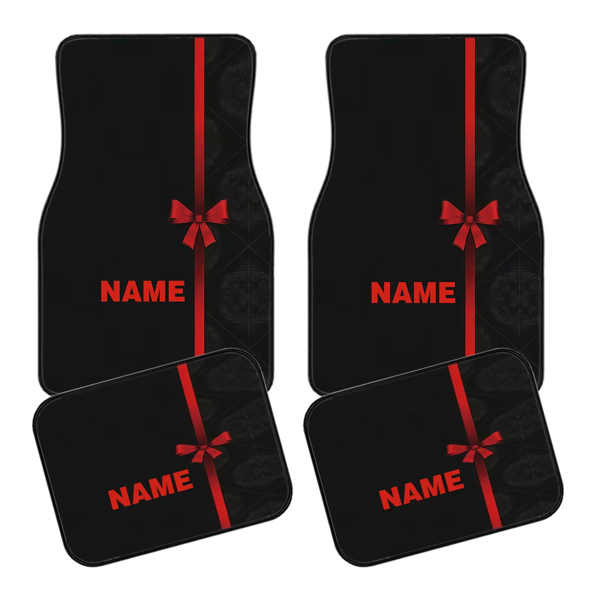 Set Of Four Customizable Car Floor Mats That Can Have Your Name Printed On Them, Showcasing A Unique Red Striped Bow Pattern. An