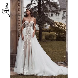 Romantic A-Line Wedding Dress 3D Lvory Lace Womens Dresses Off Shoulder Floral Straps Elegant and Pretty Women's Dresses Vestido