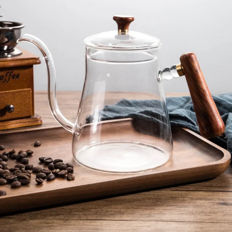 600ml Glass Coffee Pot With wooden handle Goose Beak Kettles Gooseneck Kettle Hand Drip Kettle Accessories Teapot Accessories