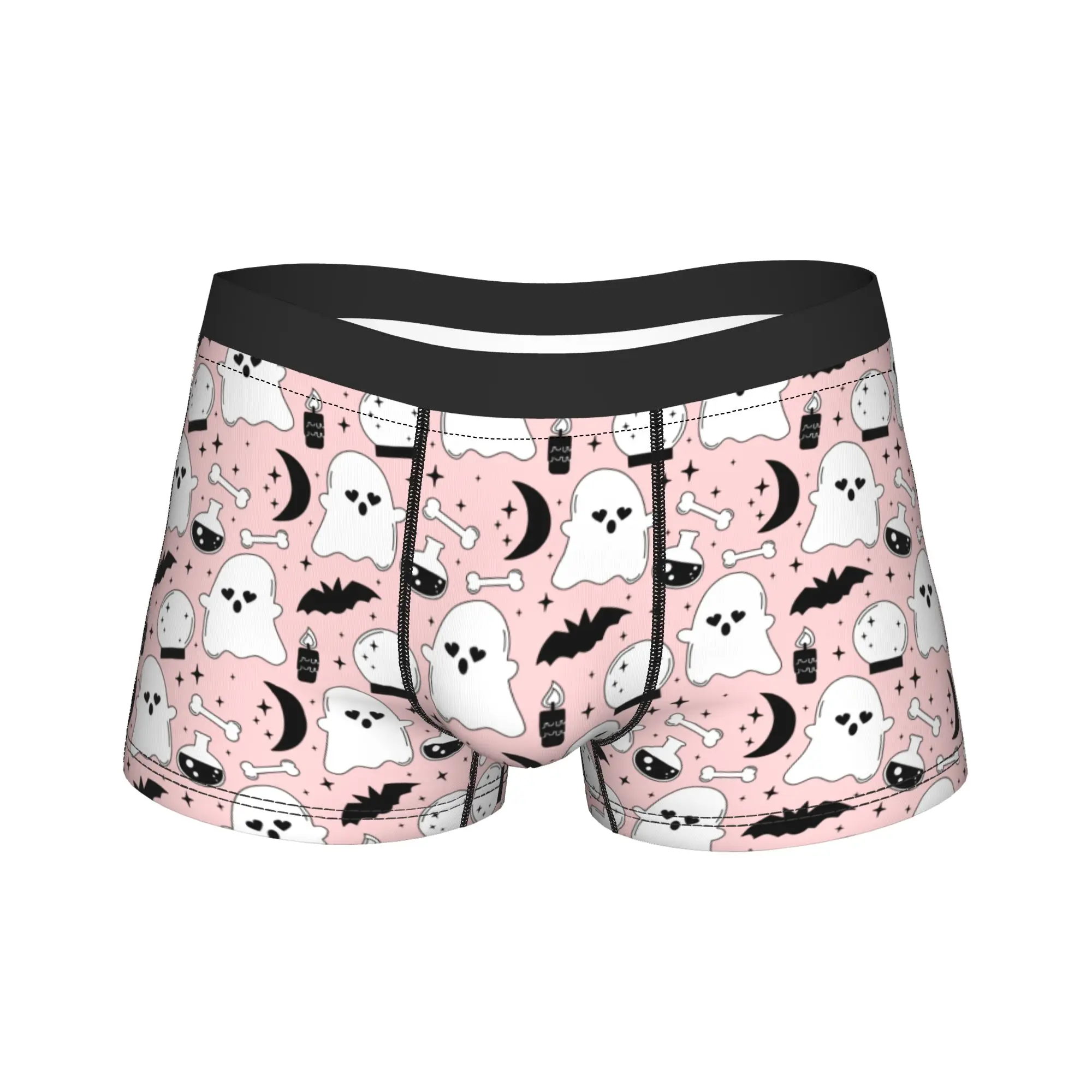 Men Cartoon Pink Halloween  Long Underwear Ghost Bats Bones Novelty Boxer Briefs Shorts Panties Male Breathable Underpants M-XXL
