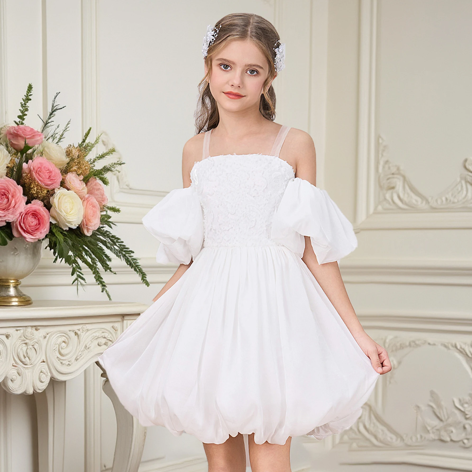 

Модное белое праздничное платье подружки невесты с бантом для девочек, свадебное платье принцессы с пышными рукавами, тюлевое платье для дня рождения, вечерняя детская одежда