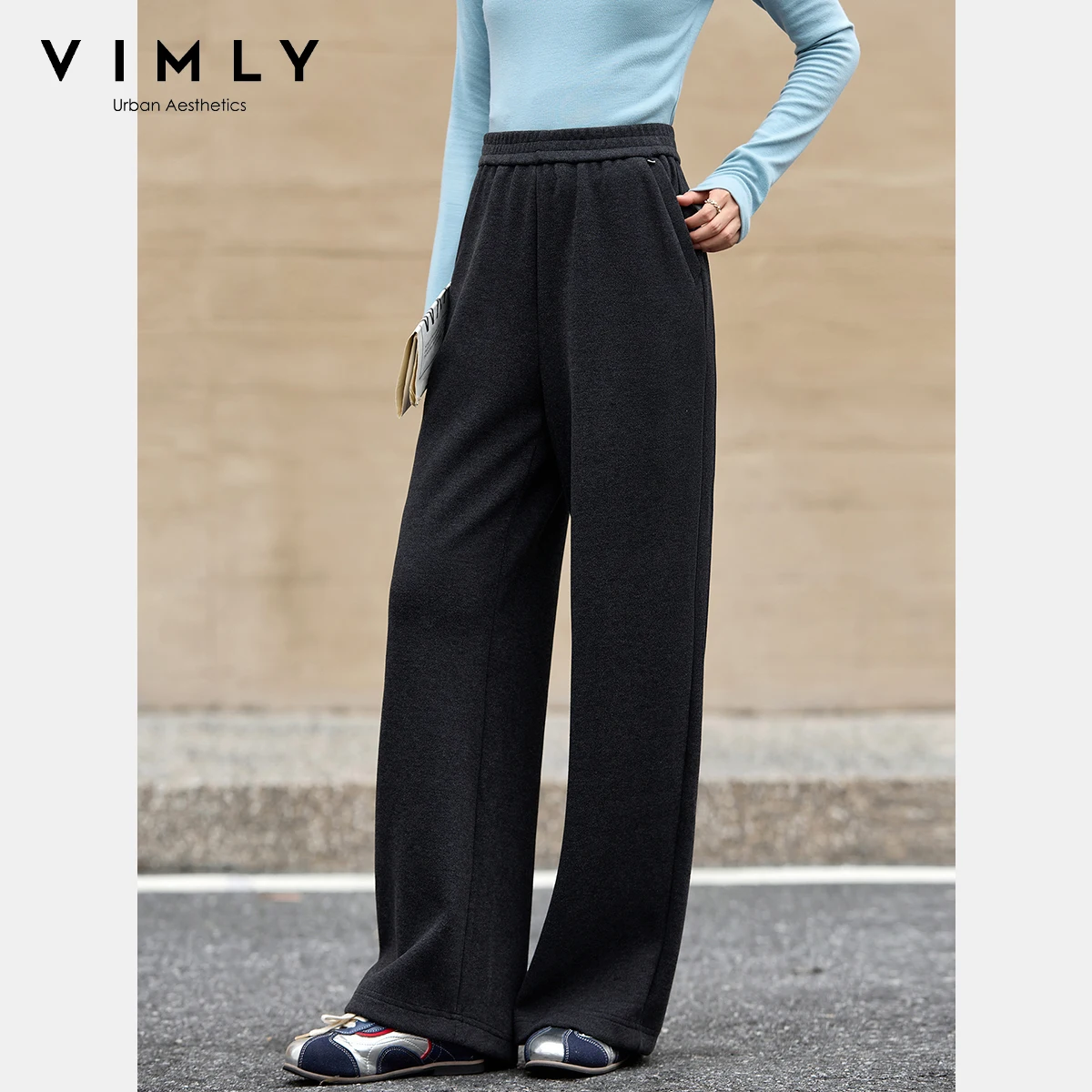 VIMLY femme gris pantalons longs décontracté tricoté jambe large femme pantalon automne 2025 poches élégantes ample Strecth dames pantalon A2538