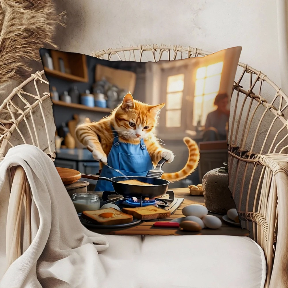 Square Throw Pillow Cover Multicolor Funny Orange Cat Cooking In Kitchen Apron Print For Living Room Sofa Bedroom Home Decor